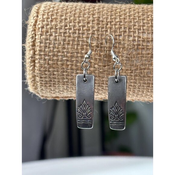 Handmade Upcycled Silverware Earrings: Geometric Stainless Steel Drop Earrings - Picture 2 of 6